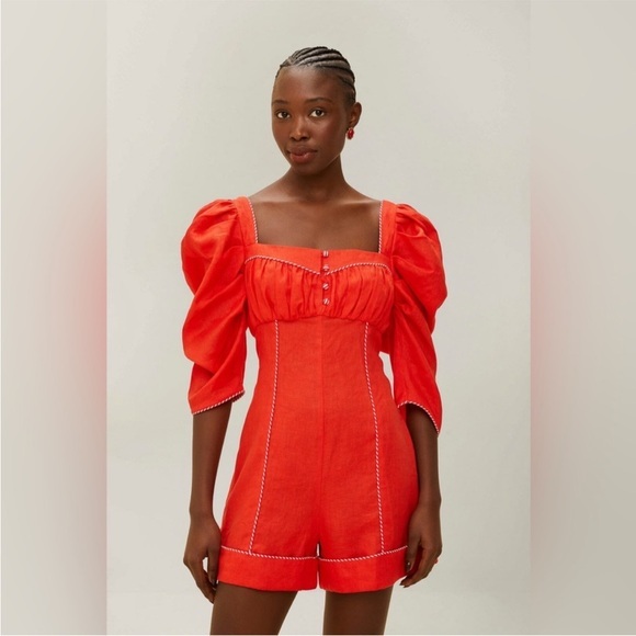 FARM Rio Pants - FARM Rio Red Puff Sleeve Romper